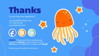 CREDITS: This presentation template was
created by Slidesgo, and includes icons by
Flaticon and infographics & images by Freepik
Thanks
Do you have any questions?
youremail@freepik.com
+91 620 421 88
yourwebsite.com
Please keep this slide for attribution
 