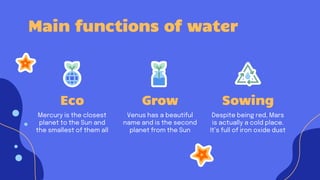 Eco
Mercury is the closest
planet to the Sun and
the smallest of them all
Grow
Venus has a beautiful
name and is the second
planet from the Sun
Sowing
Main functions of water
Despite being red, Mars
is actually a cold place.
It’s full of iron oxide dust
 