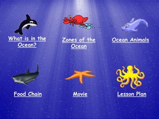 What is in the   Zones of the   Ocean Animals
  Ocean?            Ocean




  Food Chain        Movie        Lesson Plan
 