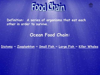 Definition: A series of organisms that eat each
   other in order to survive.


                  Ocean Food Chain:

Diatoms ~ Zooplankton ~ Small Fish ~ Large Fish ~ Killer Whales
 