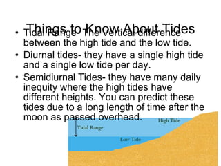 Things to Know About Tides Tidal Range- The Vertical difference between the high tide and the low tide. Diurnal tides- they have a single high tide and a single low tide per day. Semidiurnal Tides- they have many daily inequity where the high tides have different heights. You can predict these tides due to a long length of time after the moon as passed overhead. 