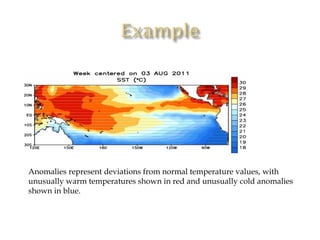Anomalies represent deviations from normal temperature values, with unusually warm temperatures shown in red and unusually cold anomalies shown in blue. 