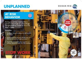 www.ocean-rig.com
UNPLANNED
STOP WORK
MY HOUSE
MY
RULES!
AT RISK
BEHAVIOR
During an activity, I realize that a
person is knowingly or unknowlingly
doing something unsafe for his or his
team´s Safety.
Examples:
1.	 Roughneck manual handling a sub left laying on
the rig floor;
2.	 Banksman pushing the load with the hand, just a
little because we are struggling to center it...
3.	 Engine Room Mechanic using a spanner as a
hammer, because his tools are in the workshop;
UNPLANNED
AT
RISK BEHAVIOR
PLANNED
CONDITION
HAZARDOUS
C
HANGE OF PLAN JOB STEPS
DAILYROUTINE
GREEN HAT &
THIRD PARTIES
STOP
WORK
UNPLANNED
AT
RISK BEHAVIOR
PLANNED
CONDITION
HAZARDOUS
C
HANGE OF PLAN JOB STEPS
DAILYROUTINE
GREEN HAT &
THIRD PARTIES
STOP
WORK
STOP
WORK
 
