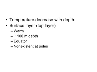 Temperature decrease with depth Surface layer (top layer) Warm  ~ 100 m depth Equator  Nonexistent at poles 