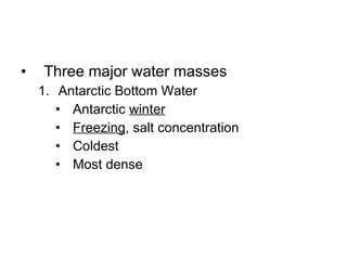 Three major water masses Antarctic Bottom Water Antarctic  winter Freezing , salt concentration Coldest Most dense 