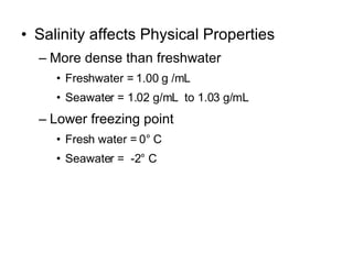 Salinity affects Physical Properties More dense than freshwater Freshwater = 1.00 g /mL Seawater = 1.02 g/mL  to 1.03 g/mL Lower freezing point Fresh water = 0° C Seawater =  -2° C 