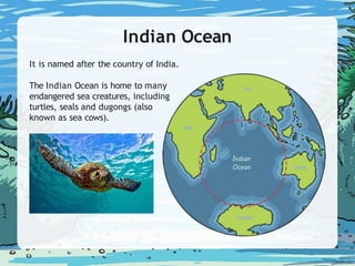 Indian Ocean
It is named after the country of India.
The Indian Ocean is home to many
endangered sea creatures, including
turtles, seals and dugongs (also
known as sea cows).
 