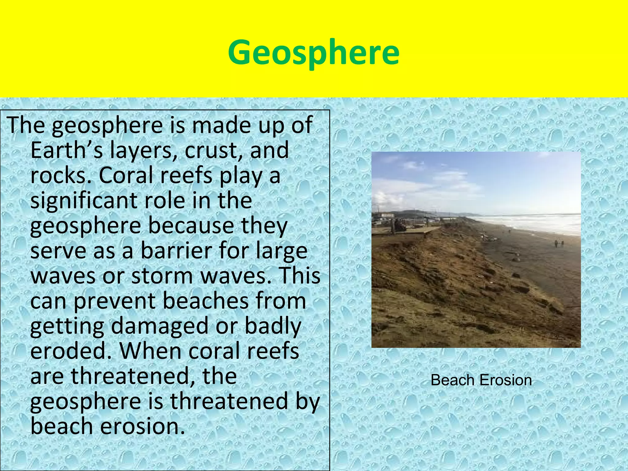 Geosphere
The geosphere is made up of
  Earth’s layers, crust, and
  rocks. Coral reefs play a
  significant role in the
  geosphere because they
  serve as a barrier for large
  waves or storm waves. This
  can prevent beaches from
  getting damaged or badly
  eroded. When coral reefs
  are threatened, the            Beach Erosion
  geosphere is threatened by
  beach erosion.
 