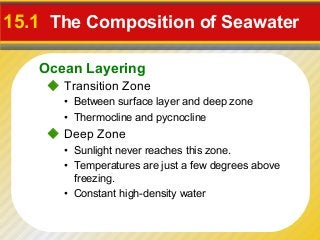 15.1 The Composition of Seawater

   Ocean Layering
     Transition Zone
      • Between surface layer and deep zone
      • Thermocline and pycnocline
     Deep Zone
      • Sunlight never reaches this zone.
      • Temperatures are just a few degrees above
        freezing.
      • Constant high-density water
 