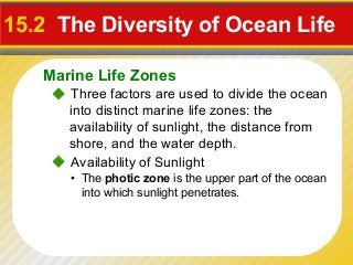 15.2 The Diversity of Ocean Life

   Marine Life Zones
     Three factors are used to divide the ocean
      into distinct marine life zones: the
      availability of sunlight, the distance from
      shore, and the water depth.
     Availability of Sunlight
      • The photic zone is the upper part of the ocean
        into which sunlight penetrates.
 