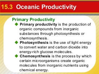 15.3 Oceanic Productivity
   Primary Productivity
     Primary productivity is the production of
      organic compounds from inorganic
      substances through photosynthesis or
      chemosynthesis.
     Photosynthesis is the use of light energy
      to convert water and carbon dioxide into
      energy-rich glucose molecules.
     Chemosynthesis is the process by which
      certain microorganisms create organic
      molecules from inorganic nutrients using
      chemical energy.
 