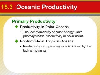 15.3 Oceanic Productivity

   Primary Productivity
     Productivity in Polar Oceans
      • The low availability of solar energy limits
        photosynthetic productivity in polar areas.
     Productivity in Tropical Oceans
      • Productivity in tropical regions is limited by the
        lack of nutrients.
 
