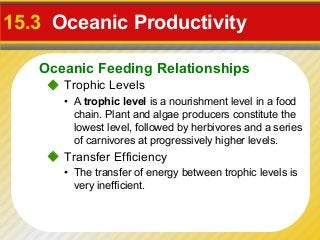 15.3 Oceanic Productivity

   Oceanic Feeding Relationships
     Trophic Levels
      • A trophic level is a nourishment level in a food
        chain. Plant and algae producers constitute the
        lowest level, followed by herbivores and a series
        of carnivores at progressively higher levels.
     Transfer Efficiency
      • The transfer of energy between trophic levels is
        very inefficient.
 