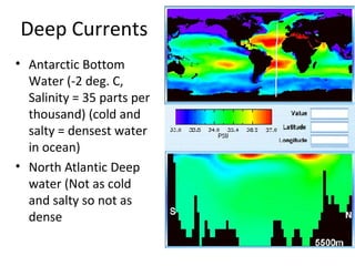 Deep Currents
• Antarctic Bottom
Water (-2 deg. C,
Salinity = 35 parts per
thousand) (cold and
salty = densest water
in ocean)
• North Atlantic Deep
water (Not as cold
and salty so not as
dense
 
