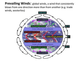 Prevailing Winds: global winds, a wind that consistently
blows from one direction more than from another (e.g. trade
winds, westerlies)
 