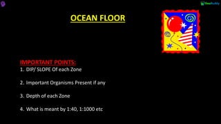 OCEAN FLOOR
IMPORTANT POINTS:
1. DIP/ SLOPE Of each Zone
2. Important Organisms Present if any
3. Depth of each Zone
4. What is meant by 1:40, 1:1000 etc
 