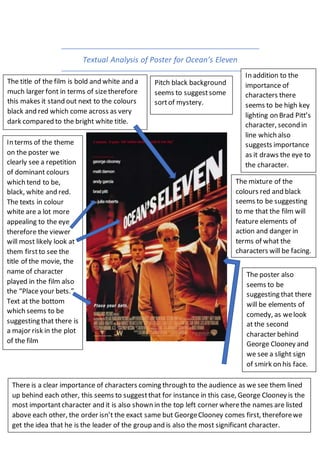 Textual Analysis of Poster for Ocean’s Eleven
There is a clear importance of characters coming through to the audience as we see them lined
up behind each other, this seems to suggestthat for instance in this case, George Clooney is the
most importantcharacter and it is also shown in the top left corner wherethe names are listed
above each other, the order isn’t the exact same but GeorgeClooney comes first, thereforewe
get the idea that he is the leader of the group and is also the most significant character.
In terms of the theme
on the poster we
clearly see a repetition
of dominant colours
which tend to be,
black, white and red.
The texts in colour
white are a lot more
appealing to the eye
therefore the viewer
will most likely look at
them firstto see the
title of the movie, the
name of character
played in the film also
the “Place your bets.”
Text at the bottom
which seems to be
suggesting that there is
a major risk in the plot
of the film
The mixture of the
colours red and black
seems to be suggesting
to me that the film will
feature elements of
action and danger in
terms of what the
characters will be facing.
The poster also
seems to be
suggesting that there
will be elements of
comedy, as welook
at the second
character behind
George Clooney and
we see a slight sign
of smirk on his face.
The title of the film is bold and white and a
much larger font in terms of sizetherefore
this makes it stand out next to the colours
black and red which come across as very
dark compared to the bright white title.
Pitch black background
seems to suggestsome
sortof mystery.
In addition to the
importance of
characters there
seems to be high key
lighting on Brad Pitt’s
character, second in
line which also
suggests importance
as it draws the eye to
the character.
 
