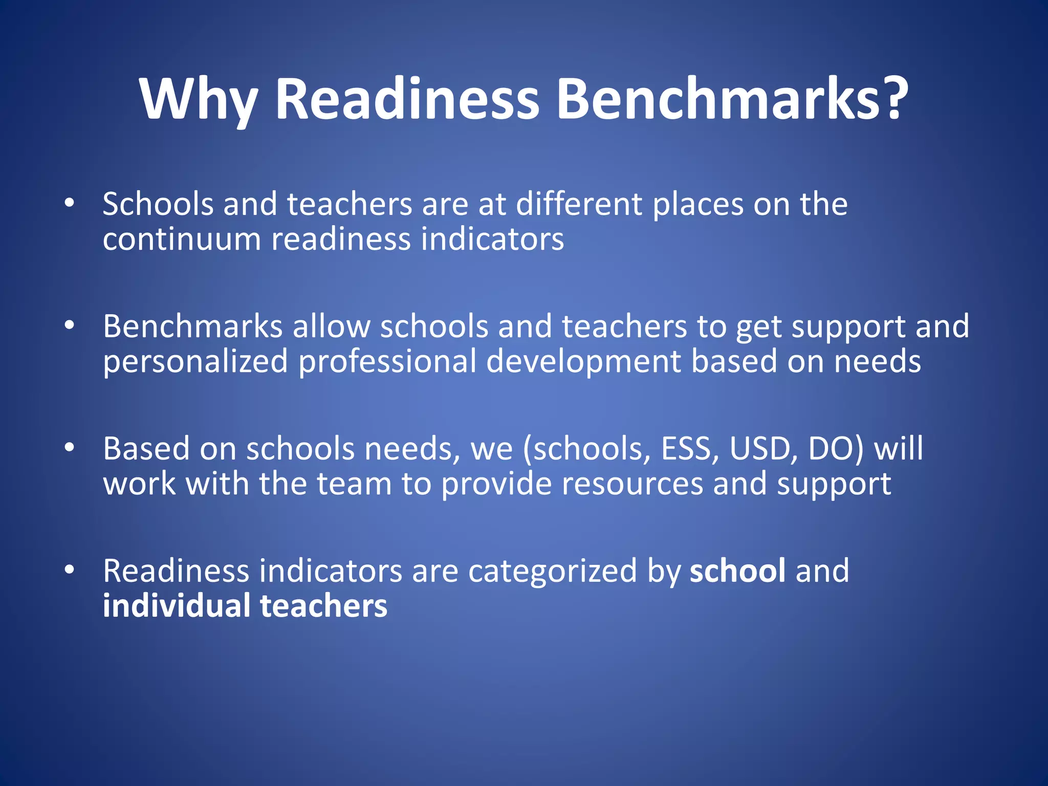 Why Readiness Benchmarks?
• Schools and teachers are at different places on the
continuum readiness indicators
• Benchmarks allow schools and teachers to get support and
personalized professional development based on needs
• Based on schools needs, we (schools, ESS, USD, DO) will
work with the team to provide resources and support
• Readiness indicators are categorized by school and
individual teachers
 