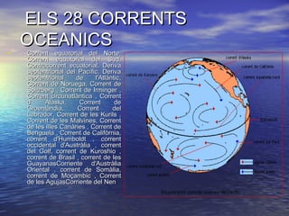 ELS 28 CORRENTSELS 28 CORRENTS
OCEANICSOCEANICS
• Corrent equatorial del Norte,Corrent equatorial del Norte,
Corrent equatorial del Sud,Corrent equatorial del Sud,
Contracorrent ecuatorial, DerivaContracorrent ecuatorial, Deriva
septentrional del Pacífic, Derivaseptentrional del Pacífic, Deriva
septentrional de l'Atlàntic,septentrional de l'Atlàntic,
Corrent de Noruega, Corrent deCorrent de Noruega, Corrent de
Spitzberg , Corrent de Irminger ,Spitzberg , Corrent de Irminger ,
Corrent circunatlàntica , CorrentCorrent circunatlàntica , Corrent
dd’’ Alaska, Corrent deAlaska, Corrent de
Groenlàndia, Corrent delGroenlàndia, Corrent del
Labrador, Corrent de les Kurils ,Labrador, Corrent de les Kurils ,
Corrent de les Malvines, CorrentCorrent de les Malvines, Corrent
de les Illes Canàries , Corrent dede les Illes Canàries , Corrent de
Benguela , Corrent de Califòrnia,Benguela , Corrent de Califòrnia,
corrent d'Humboldt , correntcorrent d'Humboldt , corrent
occidental d'Austràlia , correntoccidental d'Austràlia , corrent
del Golf, corrent de Kuroshio ,del Golf, corrent de Kuroshio ,
corrent de Brasil , corrent de lescorrent de Brasil , corrent de les
GuayanasCorriente d'AustràliaGuayanasCorriente d'Austràlia
Oriental , corrent de Somàlia,Oriental , corrent de Somàlia,
corrent de Moçambic , Correntcorrent de Moçambic , Corrent
de les AgujasCorriente del Nende les AgujasCorriente del Nen
 