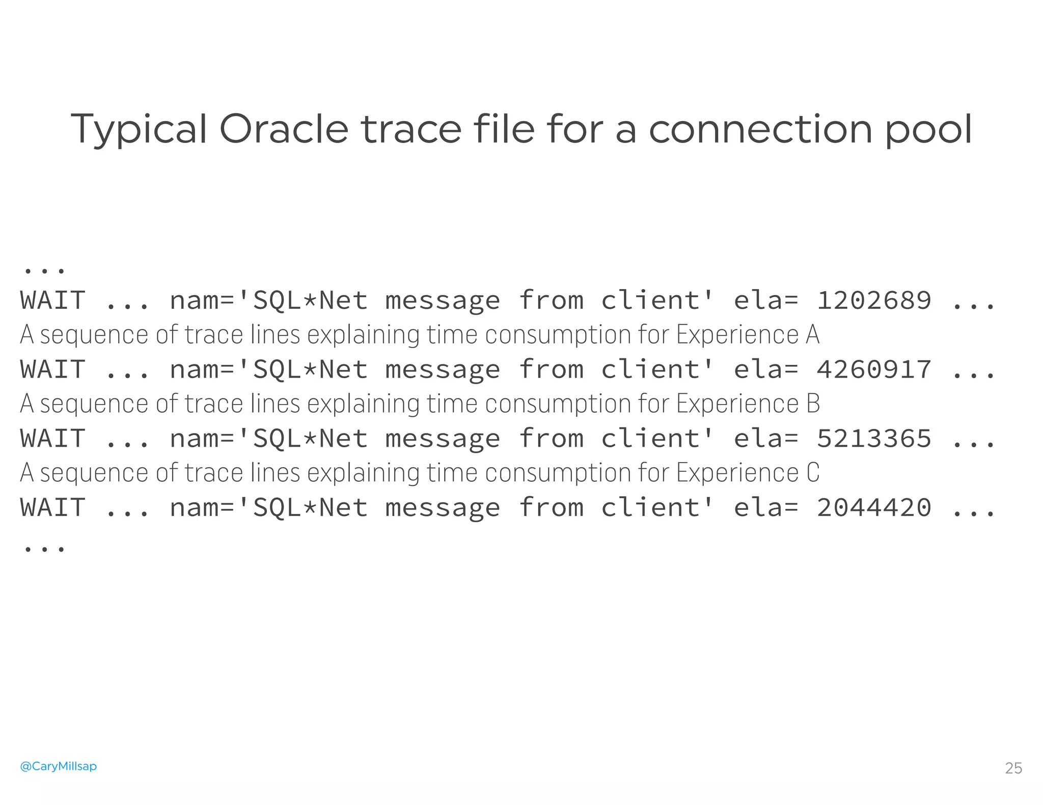 @CaryMillsap
Typical Oracle trace file for a connection pool
25
...
WAIT ... nam='SQL*Net message from client' ela= 1202689 ...
A sequence of trace lines explaining time consumption for Experience A
WAIT ... nam='SQL*Net message from client' ela= 4260917 ...
A sequence of trace lines explaining time consumption for Experience B
WAIT ... nam='SQL*Net message from client' ela= 5213365 ...
A sequence of trace lines explaining time consumption for Experience C
WAIT ... nam='SQL*Net message from client' ela= 2044420 ...
...
 