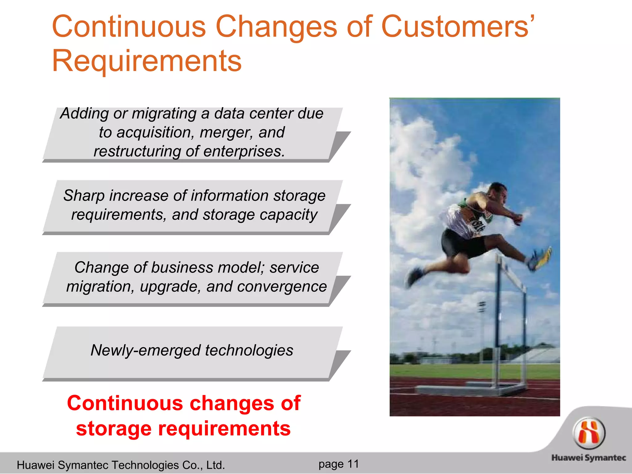 Continuous Changes of Customers’ Requirements Adding or migrating a data center due to acquisition, merger, and restructuring of enterprises.  Sharp increase of information storage requirements, and storage capacity Change of business model; service migration, upgrade, and convergence Newly-emerged technologies Continuous changes of storage requirements 