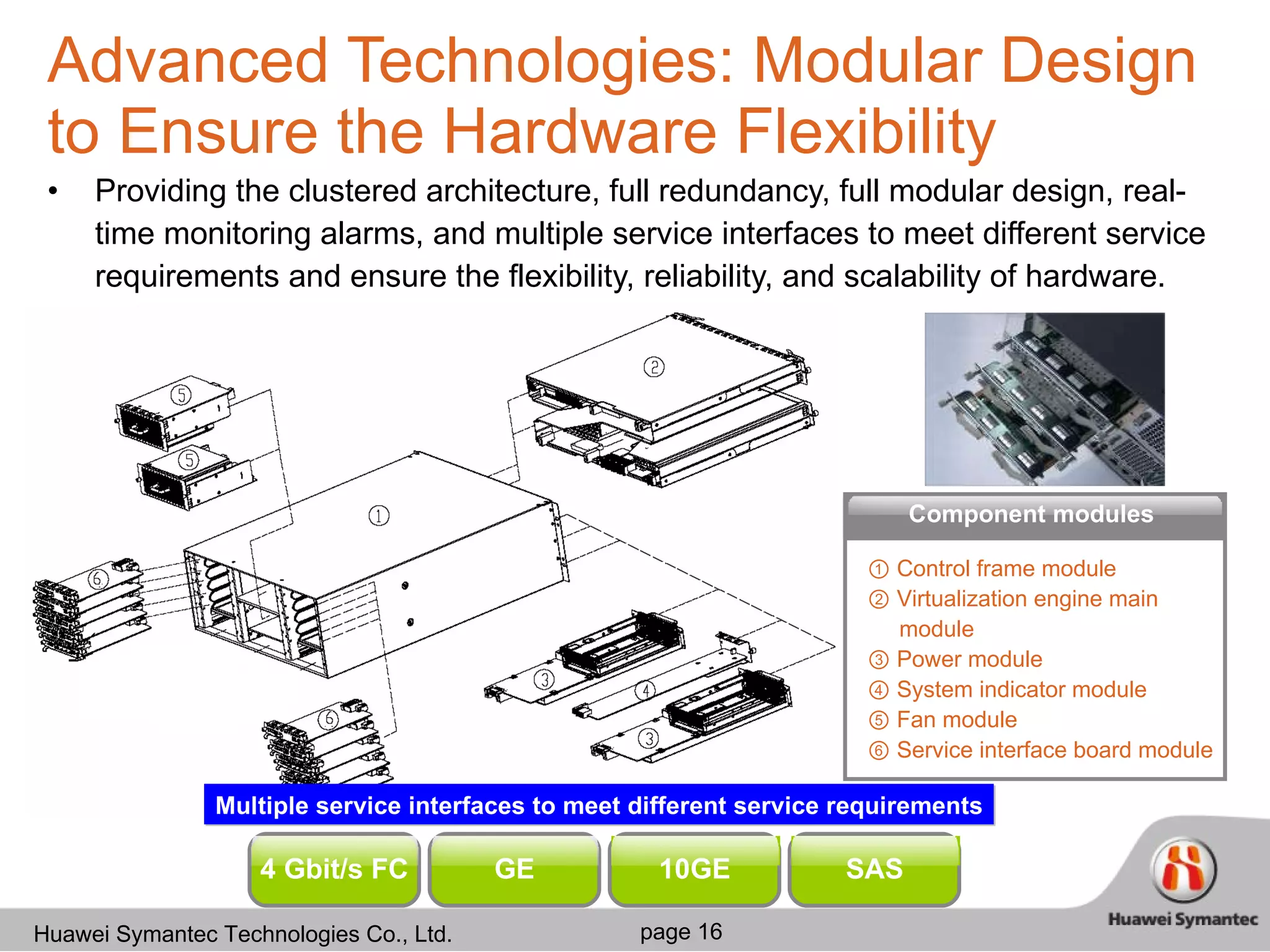 Advanced Technologies: Modular Design to Ensure the Hardware Flexibility Providing the clustered architecture, full redundancy, full modular design, real-time monitoring alarms, and multiple service interfaces to meet different service requirements and ensure the flexibility, reliability, and scalability of hardware. ①  Control frame module ②  Virtualization engine main module ③  Power module ④  System indicator module ⑤  Fan module ⑥  Service interface board module Component modules 4 Gbit/s FC GE Multiple service interfaces to meet different service requirements SAS 10GE 