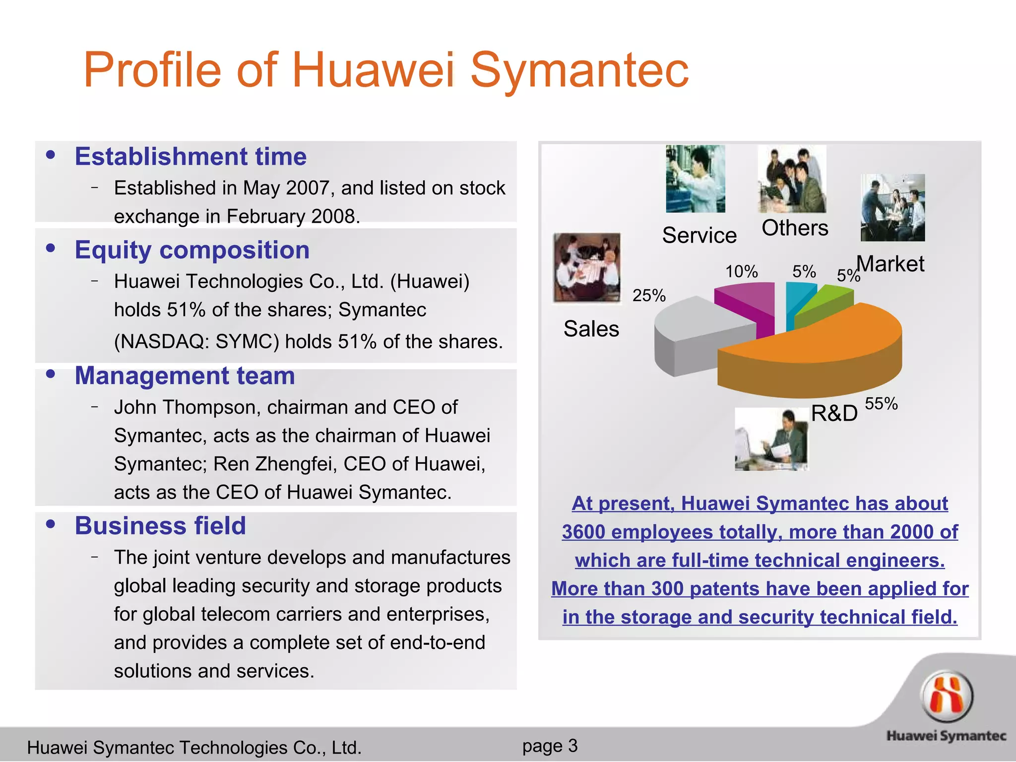 Profile of Huawei Symantec Service Sales Market Others R&D 25% 10% 5% 5% 55% At present, Huawei Symantec has about 3600 employees totally, more than 2000 of which are full-time technical engineers. More than 300 patents have been applied for in the storage and security technical field. Establishment time Established in May 2007, and listed on stock exchange in February 2008. Equity composition Huawei Technologies Co., Ltd. (Huawei) holds 51% of the shares; Symantec (NASDAQ: SYMC) holds 51% of the shares.   Management team John Thompson, chairman and CEO of Symantec, acts as the chairman of Huawei Symantec; Ren Zhengfei, CEO of Huawei, acts as the CEO of Huawei Symantec. Business field The joint venture develops and manufactures global leading security and storage products for global telecom carriers and enterprises, and provides a complete set of end-to-end solutions and services.  