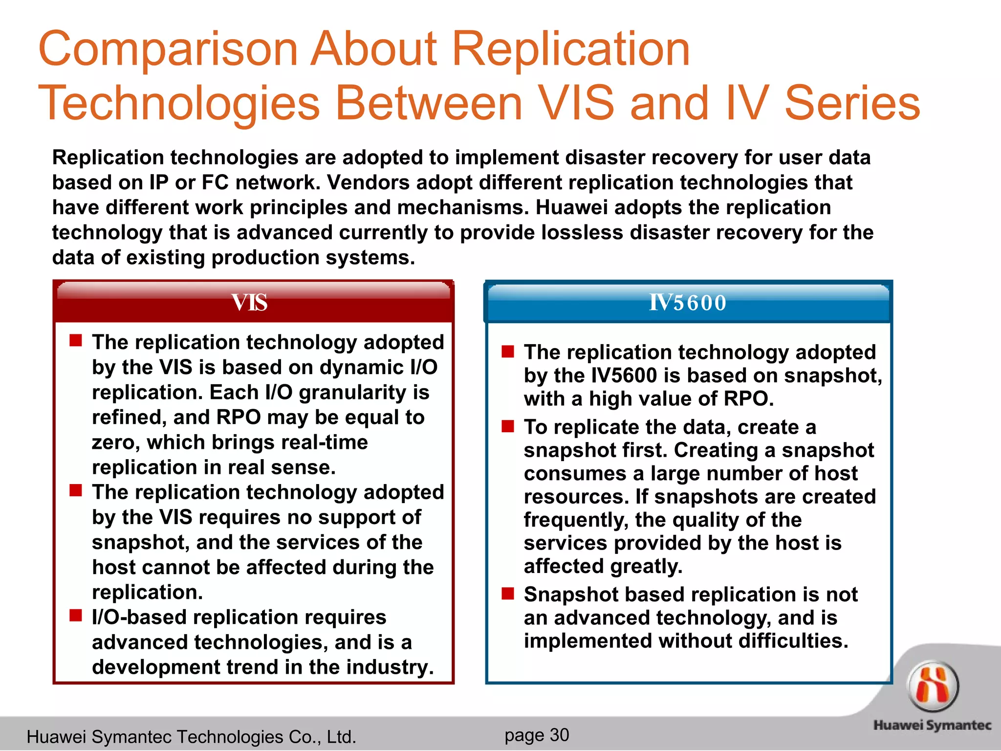 Comparison About Replication Technologies Between VIS and IV Series The replication technology adopted by the IV5600 is based on snapshot, with a high value of RPO. To replicate the data, create a snapshot first. Creating a snapshot consumes a large number of host resources. If snapshots are created frequently, the quality of the services provided by the host is affected greatly.  Snapshot based replication is not an advanced technology, and is implemented without difficulties.  VIS IV5600 Replication technologies are adopted to implement disaster recovery for user data based on IP or FC network. Vendors adopt different replication technologies that have different work principles and mechanisms. Huawei adopts the replication technology that is advanced currently to provide lossless disaster recovery for the data of existing production systems.  The replication technology adopted by the VIS is based on dynamic I/O replication. Each I/O granularity is refined, and RPO may be equal to zero, which brings real-time replication in real sense. The replication technology adopted by the VIS requires no support of snapshot, and the services of the host cannot be affected during the replication.  I/O-based replication requires advanced technologies, and is a development trend in the industry.  