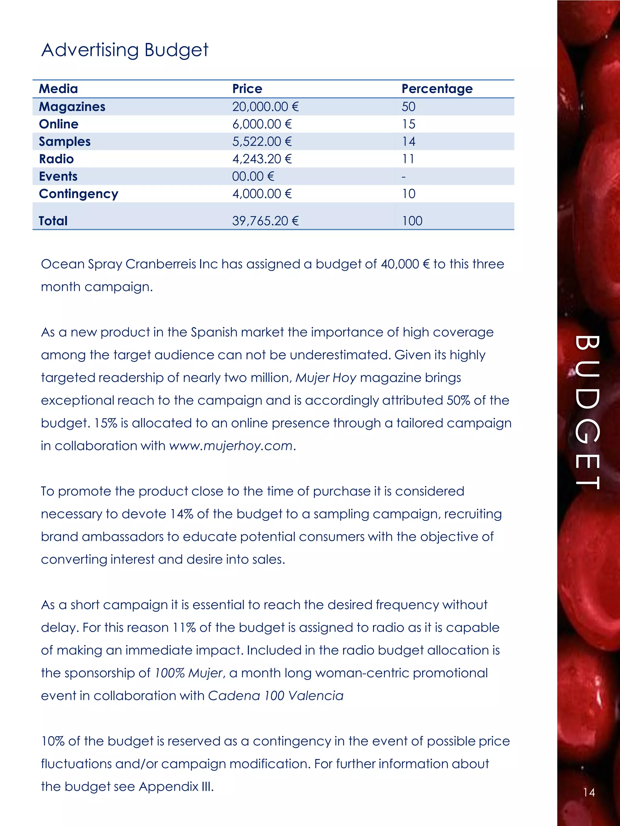Advertising Budget

Media                           Price                        Percentage
Magazines                       20,000.00 €                  50
Online                          6,000.00 €                   15
Samples                         5,522.00 €                   14
Radio                           4,243.20 €                   11
Events                          00.00 €                      -
Contingency                     4,000.00 €                   10

Total                           39,765.20 €                  100


Ocean Spray Cranberreis Inc has assigned a budget of 40,000 € to this three
month campaign.


As a new product in the Spanish market the importance of high coverage




                                                                                 BUDGET
among the target audience can not be underestimated. Given its highly
targeted readership of nearly two million, Mujer Hoy magazine brings
exceptional reach to the campaign and is accordingly attributed 50% of the
budget. 15% is allocated to an online presence through a tailored campaign
in collaboration with www.mujerhoy.com.


To promote the product close to the time of purchase it is considered
necessary to devote 14% of the budget to a sampling campaign, recruiting
brand ambassadors to educate potential consumers with the objective of
converting interest and desire into sales.


As a short campaign it is essential to reach the desired frequency without
delay. For this reason 11% of the budget is assigned to radio as it is capable
of making an immediate impact. Included in the radio budget allocation is
the sponsorship of 100% Mujer, a month long woman-centric promotional
event in collaboration with Cadena 100 Valencia


10% of the budget is reserved as a contingency in the event of possible price
fluctuations and/or campaign modification. For further information about
the budget see Appendix III.                                                      14
 
