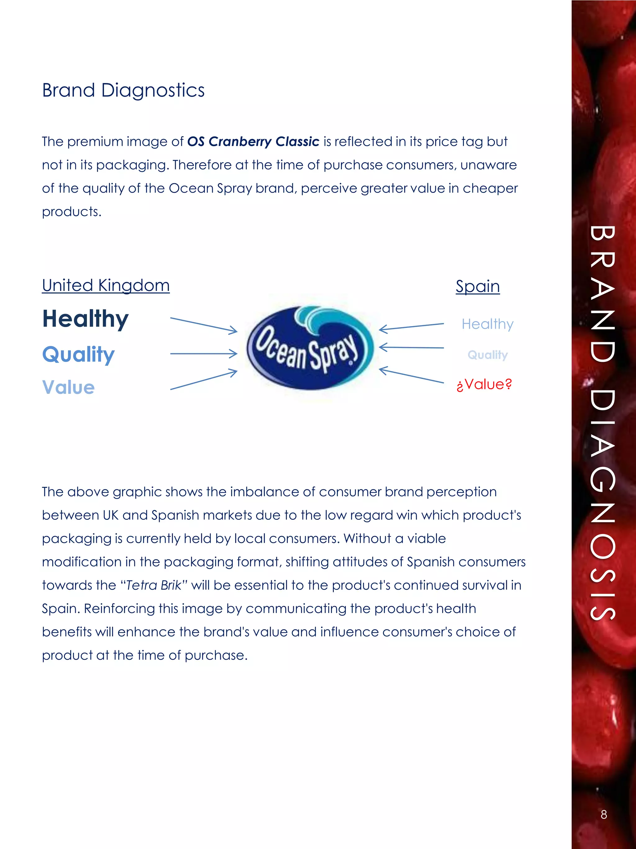 Brand Diagnostics

The premium image of OS Cranberry Classic is reflected in its price tag but
not in its packaging. Therefore at the time of purchase consumers, unaware
of the quality of the Ocean Spray brand, perceive greater value in cheaper
products.




                                                                                    BRAND DIAGNOSIS
United Kingdom                                                       Spain

Healthy                                                               Healthy

Quality                                                                Quality

Value                                                                ¿Value?




The above graphic shows the imbalance of consumer brand perception
between UK and Spanish markets due to the low regard win which product's
packaging is currently held by local consumers. Without a viable
modification in the packaging format, shifting attitudes of Spanish consumers
towards the “Tetra Brik” will be essential to the product's continued survival in
Spain. Reinforcing this image by communicating the product's health
benefits will enhance the brand's value and influence consumer's choice of
product at the time of purchase.




                                                                                          8
 