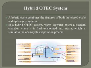  A hybrid cycle combines the features of both the closed-cycle
and open-cycle systems.
 In a hybrid OTEC system, warm seawater enters a vacuum
chamber where it is flash-evaporated into steam, which is
similar to the open-cycle evaporation process.
 