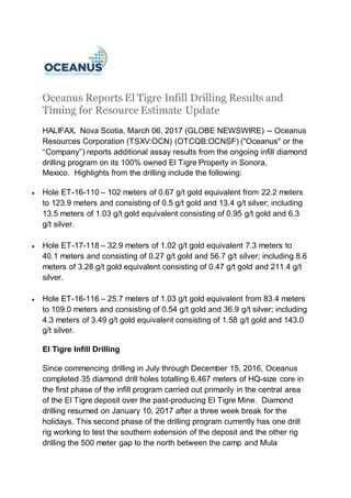 Oceanus Reports El Tigre Infill Drilling Results and
Timing for Resource Estimate Update
HALIFAX, Nova Scotia, March 06, 2017 (GLOBE NEWSWIRE) -- Oceanus
Resources Corporation (TSXV:OCN) (OTCQB:OCNSF) ("Oceanus" or the
“Company”) reports additional assay results from the ongoing infill diamond
drilling program on its 100% owned El Tigre Property in Sonora,
Mexico. Highlights from the drilling include the following:
 Hole ET-16-110 – 102 meters of 0.67 g/t gold equivalent from 22.2 meters
to 123.9 meters and consisting of 0.5 g/t gold and 13.4 g/t silver; including
13.5 meters of 1.03 g/t gold equivalent consisting of 0.95 g/t gold and 6.3
g/t silver.
 Hole ET-17-118 – 32.9 meters of 1.02 g/t gold equivalent 7.3 meters to
40.1 meters and consisting of 0.27 g/t gold and 56.7 g/t silver; including 8.6
meters of 3.28 g/t gold equivalent consisting of 0.47 g/t gold and 211.4 g/t
silver.
 Hole ET-16-116 – 25.7 meters of 1.03 g/t gold equivalent from 83.4 meters
to 109.0 meters and consisting of 0.54 g/t gold and 36.9 g/t silver; including
4.3 meters of 3.49 g/t gold equivalent consisting of 1.58 g/t gold and 143.0
g/t silver.
El Tigre Infill Drilling
Since commencing drilling in July through December 15, 2016, Oceanus
completed 35 diamond drill holes totalling 6,467 meters of HQ-size core in
the first phase of the infill program carried out primarily in the central area
of the El Tigre deposit over the past-producing El Tigre Mine. Diamond
drilling resumed on January 10, 2017 after a three week break for the
holidays. This second phase of the drilling program currently has one drill
rig working to test the southern extension of the deposit and the other rig
drilling the 500 meter gap to the north between the camp and Mula
 