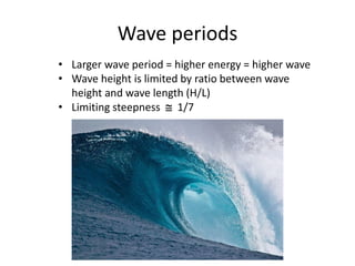 Wave periods
• Larger wave period = higher energy = higher wave
• Wave height is limited by ratio between wave
height and wave length (H/L)
• Limiting steepness  1/7
 