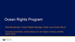 Ocean Rights Program
Michelle Bender, Ocean Rights Manager, Earth Law Center (ELC)
Executive Committee, Global Alliance for the Rights of Nature (GARN)
March 2018
 