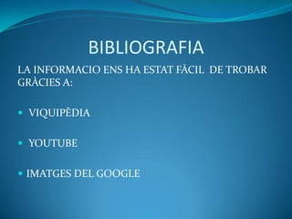 BIBLIOGRAFIA
LA INFORMACIO ENS HA ESTAT FÀCIL DE TROBAR
GRÀCIES A:
 VIQUIPÈDIA
 YOUTUBE
 IMATGES DEL GOOGLE
 