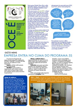 Daê equipe Cidade Clima iPrint, enﬁm       planejamento (e execução) para 2012,
                                           dezembro chegou, são os últimos dias       e por hora, pense nessas perguntas:
                                           de um ano de muito trabalho e suor,
                                           mas muito gratiﬁcante.                              O
                                           Falta pouco para o ﬁm de 2011 e daqui            que você                   O
                                           a pouco começa tudo de novo: e para        precisava fazer mas          que você
                                           muitos de nós, uma série de promessas         não conseguiu          precisa parar de
                                           e desejos para o próximo ano e nada            realizar em               fazer em
                                           de acontecer aquilo que você planejou.              2011?               2012?
                                           Às vezes criamos expectativas no futuro
                                           mas não conseguimos fazer acontecer
                                           no agora, isso porque colocamos nosso           Quais são                  Quais
                                           foco de atuação no período errado de         os 3 principais           áreas da sua
  OCE É
                      INFORMATIVO          tempo. Não é o futuro que faz a vida         objetivos que           vida precisam ter
                      SEMANAL DO
                                           acontecer (não adianta só ﬁcar              você gostaria de          mais foco e/ou
                                           sonhando) e muito menos o presente             realizar no             mudanças no
                      GRÊMIO
                                           (também não adianta só ﬁcar correndo          próximo ano?             próximo ano?
                      CIDADE               atrás da bola).
                      CLIMA
                                           O tempo que faz as coisas andarem de
                                           verdade é o PRESENTE+FUTURO, sem
                      16 DE 
                                           separação. É o hoje bem feito,                          Se você pudesse
                      DEZEMBRO             ajudando a construir aquilo que você
                      DE 2011                                                               escolher apenas 1 coisa para
                                           sonha para o amanhã. E nada melhor              realizar em 2012, o que seria?
                                           que esse período para começar a
                                           pensar nisso. Que tal pensar sobre o
                                           ano que praticamente já acabou e o
                                           próximo que virá.
                                                                                      Para planejar é preciso reﬂetir,
                                           Experimente responder essas perguntas      esperamos que as perguntas ajudem a
                                           por escrito e coloque em uma carta         iniciar esse processo. Prometa para
                                           para você mesmo abrir no último            você mesmo que 2012 não será uma
                                           dia desse ano, na hora que começar a       correria, não passará em branco!
                                           vontade de planejar o próximo.             *Trechos do texto presente no link
                                           Sugerimos ainda buscar dicas de            www.triadps.com/2012


OCÊ É! NEWS
EMPRESA ENTRA NO CLIMA DO PROGRAMA 5S
    O sucesso do Programa 5S                    Manter o ambiente limpo é              disciplina, nossos novos hábitos
requer de nós empenho e dedicação          responsabilidade de cada um de nós.         tornam-se rotina e atividades como
de todos. Entender o conceito de cada      Afinal, quem suja e pode prevenir o         cumprir o cronograma de limpeza,
senso em sua essência é muito              acúmulo de sujeira do seu local de          guardar as coisas nos devidos lugares,
importante.                                trabalho?                                   deixar apenas o que é útil no
    Separar o útil do inútil aumenta            Padronizar serve para que todos        ambiente de trabalho, irão contribuir
nossa produtividade.                       realizem uma atividade da mesma             para conquistas maiores como
    Identificar é para manter a            forma. E caso tenha uma ideia para          guardar dinheiro, realizar os nossos
organização, para colocar sempre           melhorar, sugira! A melhoria dos            sonhos, fazer exercícios físicos, comer
cada coisa no mesmo lugar e para           processos se constrói através das           alimentos saudáveis, e melhorar a
que qualquer pessoa possa encontrar        ideias.                                     qualidade de vida.
o que procura.                                  Enfim, para manter este programa            Tatiane Teixeira
                                           precisamos de disciplina! Com                    Supervisora da Qualidade


Equipe de Auditores                             Antes x Depois - No dia 01/12, foi realizada a auditoria do Programa 5S
Para manutenção do Programa 5S,                 para treinamento prático dos auditores do Programa 5S. Como resultado,
contamos com a ajuda da equipe de               percebemos uma melhoria significativa nos setores de T.I. (foto), Produção
auditores: Erickson, Gilciane, Eraldo,                     Gráfica (acabamento), Expedição e Inspeção Final.
Hilda, Richardson, Edenilson e Wagner
Ferreira. Esta equipe participou do
treinamento para auditores do Programa
5S realizado no dia 28/11, das 14h às
18h e está apta a realizar as auditorias
do programa, conferir o nosso
desempenho e sugerir melhorias.




                                                          Antes                             Depois
 