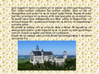 Una vegada hi havia un castell, on va créixer un arbre que feia pomes
d'or. Quan anaven madurant les anaven recollint, però un dia va
desaparèixer una poma i el rei va manar vigilar l'arbre. Aquest rei tenia
tres fills, la primera nit va enviar al fill més gran,però es va dormir,i no
va poder veure com desapareixia una altra poma. El següent dia va
enviar al segon fill i va passar el mateix, es va dormir i va desaparèixer
una altra poma.
Va arribar la tercera nit i el rei va fer anar al tercer fill. Aquest es va
asseure sota l'arbre i a les dotze de la nit va veure un ocell que brillava
com l'or. El jove va agafar una fletxa i el va disparar.
L'ocell es va escapar però com la fletxa l'havia esgarrapat, li va caure
una ploma d'or.
 