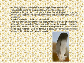 El fill va agafar la ploma i la hi va entregar al rei. El rei va dir :
-Si aquesta ploma es tan preciosa,vull tenir l'ocell sencer.
Així que el fill gran va començar a buscar l'ocell. Prop d'un bosc va
veure una guineu, va agafar l'escopeta per disparar però ella va
exclamar:
-No em matis i et donaré un bon consell.
-Ara diré el que has de fer si vols capturar l'ocell d'or:ves en línia recta
i trobaràs dos posades. Tria la que està menys ilumninada i am poca
gent. Però ell no li va fer cas, va entrar a l'esquivocada i es va oblidar
de la seva recerca. Com no tornava a palau, el Rei va decidir enviar
al segon fill, que també va fer el mateix.
 