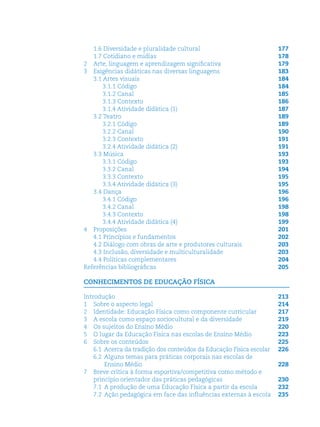 1.6 Diversidade e pluralidade cultural                             177
   1.7 Cotidiano e mídias                                             178
2 Arte, linguagem e aprendizagem signiﬁcativa                         179
3 Exigências didáticas nas diversas linguagens                        183
   3.1 Artes visuais                                                  184
       3.1.1 Código                                                   184
       3.1.2 Canal                                                    185
       3.1.3 Contexto                                                 186
       3.1.4 Atividade didática (1)                                   187
   3.2 Teatro                                                         189
       3.2.1 Código                                                   189
       3.2.2 Canal                                                    190
       3.2.3 Contexto                                                 191
       3.2.4 Atividade didática (2)                                   191
   3.3 Música                                                         193
       3.3.1 Código                                                   193
       3.3.2 Canal                                                    194
       3.3.3 Contexto                                                 195
       3.3.4 Atividade didática (3)                                   195
   3.4 Dança                                                          196
       3.4.1 Código                                                   196
       3.4.2 Canal                                                    198
       3.4.3 Contexto                                                 198
       3.4.4 Atividade didática (4)                                   199
4 Proposições                                                         201
   4.1 Princípios e fundamentos                                       202
   4.2 Diálogo com obras de arte e produtores culturais               203
   4.3 Inclusão, diversidade e multiculturalidade                     203
   4.4 Políticas complementares                                       204
Referências bibliográﬁcas                                             205

CONHECIMENTOS DE EDUCAÇÃO FÍSICA

Introdução                                                            213
1 Sobre o aspecto legal                                               214
2 Identidade: Educação Física como componente curricular              217
3 A escola como espaço sociocultural e da diversidade                 219
4 Os sujeitos do Ensino Médio                                         220
5 O lugar da Educação Física nas escolas de Ensino Médio              223
6 Sobre os conteúdos                                                  225
    6.1 Acerca da tradição dos conteúdos da Educação Física escolar   226
    6.2 Alguns temas para práticas corporais nas escolas de
        Ensino Médio                                                  228
7 Breve crítica à forma esportiva/competitiva como método e
    princípio orientador das práticas pedagógicas                     230
    7.1 A produção de uma Educação Física a partir da escola          232
    7.2 Ação pedagógica em face das inﬂuências externas à escola      235
 