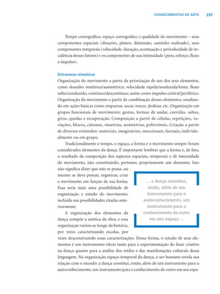 CONHECIMENTOS DE ARTE        197




    Tempo coreográﬁco, espaço coreográﬁco e qualidade do movimento – seus
componentes espaciais (direções, planos, dimensão, caminho realizado), seus
componentes temporais (velocidade, duração, acentuação e periodicidade de in-
cidência desses fatores) e os componentes de sua intensidade (peso, esforço, ﬂuxo
e impulso).

Estruturas sintáticas
Organização do movimento a partir da priorização de um dos seus elementos,
como desenho simétrico/assimétrico; velocidade rápida/moderada/lenta; ﬂuxo
solto/conduzido, contínuo/descontínuo; assim como impulso central/periférico.
Organização do movimento a partir da combinação desses elementos, resultan-
do em ações básicas como empurrar, socar, torcer, deslizar, etc. Organização em
grupos funcionais de movimento: gestos, formas de andar, corridas, saltos,
giros, quedas e recuperação. Composição a partir de células, repetições, va-
riações, blocos, cânones, simetrias, assimetrias, polirritmia. Criação a partir
de diversos estímulos: materiais, imaginários, emocionais, factuais, individu-
almente ou em grupo.
    Tradicionalmente o tempo, o espaço, a forma e o movimento sempre foram
considerados elementos da dança. É importante lembrar que a forma é, de fato,
o resultado da composição dos aspectos espaciais, temporais e de intensidade
do movimento, não constituindo, portanto, propriamente um elemento. Isso
não signiﬁca dizer que não se possa, ou
mesmo se deva pensar, organizar, criar
o movimento em função de sua forma.               ... a dança constitui,
Essa seria mais uma possibilidade de               então, além de um
organização e estudo do movimento,                 instrumento para o
incluída nas possibilidades citadas ante-       autoconhecimento, um
riormente.                                         instrumento para o
    A organização dos elementos da              conhecimento do outro
dança compõe a estética da obra, e essa             em seu espaço ...
organização variou ao longo da história,
por vezes caracterizando escolas, por
vezes desconstruindo essas caracterizações. Dessa forma, o estudo de seus ele-
mentos é um instrumento eﬁcaz tanto para a experimentação do fazer criativo
na dança quanto para a análise dos estilos e das manifestações culturais dessa
linguagem. Na organização espaço-temporal da dança, o ser humano revela sua
relação com o mundo: a dança constitui, então, além de um instrumento para o
autoconhecimento, um instrumento para o conhecimento do outro em seu espa-
 