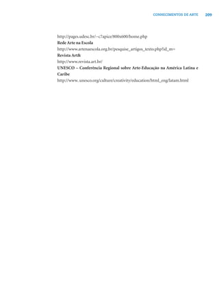 CONHECIMENTOS DE ARTE     209




http://pages.udesc.br/~c7apice/800x600/home.php
Rede Arte na Escola
http://www.artenaescola.org.br/pesquise_artigos_texto.php?id_m=
Revista Art&
http://www.revista.art.br/
UNESCO – Conferência Regional sobre Arte-Educação na América Latina e
Caribe
http://www. unesco.org/culture/creativity/education/html_eng/latam.html
 
