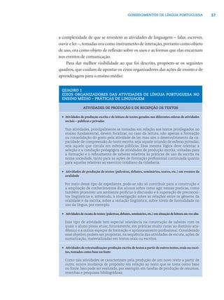 CONHECIMENTOS DE LÍNGUA PORTUGUESA                        37




a complexidade de que se revestem as atividades de linguagem – falar, escrever,
ouvir e ler –, tomadas ora como instrumento de interação, portanto como objeto
de uso, ora como objeto de reﬂexão sobre os usos e as formas que elas encarnam
nos eventos de comunicação.
    Para dar melhor visibilidade ao que foi descrito, propõem-se os seguintes
quadros, que cuidam de apontar os eixos organizadores das ações de ensino e de
aprendizagem para o ensino médio:


 QUADRO 1
 EIXOS ORGANIZADORES DAS ATIVIDADES DE LÍNGUA PORTUGUESA NO
 ENSINO MÉDIO – PRÁTICAS DE LINGUAGEM

                 ATIVIDADES DE PRODUÇÃO E DE RECEPÇÃO DE TEXTOS

 • Atividades de produção escrita e de leitura de textos gerados nas diferentes esferas de atividades
   sociais – públicas e privadas

   Tais atividades, principalmente se tomadas em relação aos textos privilegiados no
   ensino fundamental, devem focalizar, no caso da leitura, não apenas a formação
   ou consolidação do gosto pela atividade de ler, mas sim o desenvolvimento da ca-
   pacidade de compreensão do texto escrito, seja aquele oriundo de esferas privadas,
   seja aquele que circula em esferas públicas. Essa mesma lógica deve orientar a
   seleção e a condução pedagógica de atividades de produção escrita, voltadas para
   a formação e o reﬁnamento de saberes relativos às práticas de uso da escrita na
   nossa sociedade, tanto para as ações de formação proﬁssional continuada quanto
   para aquelas relativas ao exercício cotidiano da cidadania.

 • Atividades de produção de textos (palestras, debates, seminários, teatro, etc.) em eventos da
   oralidade

   Por meio desse tipo de expediente, pode-se não só contribuir para a construção e
   a ampliação de conhecimentos dos alunos sobre como agir nessas praticas, como
   também promover um ambiente profícuo à discussão e à superação de preconcei-
   tos lingüísticos e, sobretudo, à investigação sobre as relações entre os gêneros da
   oralidade e da escrita, sobre a variação lingüística, sobre níveis de formalidade no
   uso da língua, por exemplo.

 • Atividades de escuta de textos (palestras, debates, seminários, etc.) em situação de leitura em voz alta

   Esse tipo de atividade tem especial relevância na construção de saberes com os
   quais o aluno possa atuar, futuramente, em práticas muito caras ao domínio aca-
   dêmico e a outros espaços de formação e aprimoramento proﬁssional. Considerado
   esse objetivo, podem ser propostas, na seqüência das atividades de escuta, ações de
   sumarização, materializadas em textos orais ou escritos.

 • Atividades de retextualização: produção escrita de textos a partir de outros textos, orais ou escri-
   tos, tomados como base ou fonte

   Como tais atividades se caracterizam pela produção de um novo texto a partir de
   outro, ocorre mudança de propósito em relação ao texto que se toma como base
   ou fonte. Isso pode ser realizado, por exemplo, em tarefas de produção de resumos,
   resenhas e pesquisas bibliográﬁcas.
 