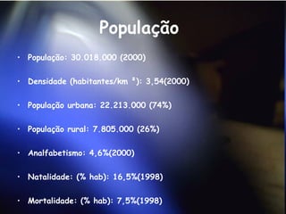 População  População: 30.018.000 (2000)  Densidade (habitantes/km ²): 3,54(2000)  População urbana: 22.213.000 (74%)  População rural: 7.805.000 (26%)  Analfabetismo: 4,6%(2000)  Natalidade: (% hab): 16,5%(1998)  Mortalidade: (% hab): 7,5%(1998)  