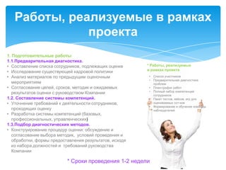 Работы, реализуемые в рамках
              проекта
1. Подготовительные работы
1.1.Предварительная диагностика.
• Составление списка сотрудников, подлежащих оценке      * Работы, реализуемые
                                                         в рамках проекта
• Исследование существующей кадровой политики
• Анализ материалов по предыдущим оценочным              •   Список участников
                                                         •   Предварительная диагностика
   мероприятиям                                              проблем
• Согласование целей, сроков, методик и ожидаемых        •   План-график работ
                                                         •   Полный набор компетенций
   результатов оценки с руководством Компании                сотрудников
1.2. Составление системы компетенций.                    •   Пакет тестов, кейсов, игр для
• Уточнение требований к деятельности сотрудников,           оцениваемых сот-ков
                                                         •   Формирование и обучение команды
   проходящих оценку                                         наблюдателей
• Разработка системы компетенций (базовых,
   профессиональных, управленческих)
1.3.Подбор диагностических методов.
• Конструирование процедур оценки: обсуждение и
   согласование выбора методик, условий проведения и
   обработки, формы предоставления результатов, исходя
   из набора должностей и требований руководства
   Компании

                           * Сроки проведения 1-2 недели
 
