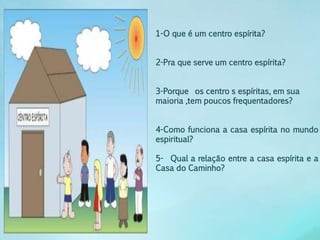 1-O que é um centro espírita? 
2-Pra que serve um centro espírita? 
3-Porque os centro s espíritas, em sua 
maioria ,tem poucos frequentadores? 
4-Como funciona a casa espírita no mundo 
espiritual? 
5- Qual a relação entre a casa espírita e a 
Casa do Caminho? 
 