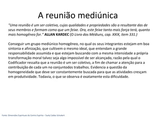 "Uma reunião é um ser coletivo, cujas qualidades e propriedades são a resultante das de
seus membros e formam como que um feixe. Ora, este feixe tanto mais força terá, quanto
mais homogêneo for.“ ALLAN KARDEC (O Livro dos Médiuns, cap. XXIX, item 331.)
Conseguir um grupo mediúnico homogêneo, no qual os seus integrantes estejam em boa
sintonia e afinização, que cultivem o mesmo ideal, que entendam a grande
responsabilidade assumida e que estejam buscando com a mesma intensidade a própria
transformação moral talvez seja algo impossível de ser alcançado, razão pela qual o
Codificador ressalta que a reunião é um ser coletivo, a fim de chamar a atenção para a
contribuição de cada um no conjuntodos trabalhos. Evidencia a questão da
homogeneidade que deve ser constantemente buscada para que as atividades cresçam
em produtividade. Todavia, o que se observa é exatamente esta dificuldade.
A reunião mediúnica
Fonte: Dimensões Espirituais do Centro Espírita – Suely Caldas Schubert
 