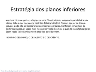 Estratégia dos planos inferiores
Vocês se dizem espíritas, adeptos de uma fé raciocinada, mas continuam fabricando
ídolos. Sabem por que vocês, espíritas, fabricam ídolos? Porque, apesar de todo o
estudo, ainda não se libertaram do pensamento mágico. Conferem e investem de
poderes pessoas, às vezes mais fracas que vocês mesmos. E quando esses falsos ídolos
caem vocês se sentem cair com eles e se decepcionam.
INCUTIR O DESÁNIMO, O DESALENTO E O DESCRÉDITO.
Fonte: Dimensões Espirituais do Centro Espírita – Suely Caldas Schubert
 