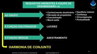Seminário: O Centro Espírita e a Desobsessão www.ProjetoMpM.com.br
10
REQUISITOS INERENTES À EQUIPE DE
DESOBSESSÃO (18)
HARMONIA DE CONJUNTO
 Conhecimento doutrinário
 Elevação de propósitos
 Concentração
 Moral sadia
 Equilíbrio interior
 Confiança
 Circunspecção
 Pontualidade
AO GRUPO
À FUNÇÃO DOUTRINADOR
À FUNÇÃO MÉDIUM
LUCIDEZ
ADESTRAMENTO
 