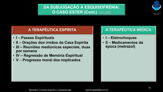 A TERAPÊUTICA ESPÍRITA
• I – Passes Espirituais
• II – Orações dos irmãos da Casa Espírita
• III – Reuniões mediúnicas especiais, duas
por semana
• IV – Regressão de Memória Espiritual
• V – Progresso moral dos implicados
A TERAPÊUTICA MÉDICA
• I – Eletrochoques
• II – Medicamentos da
época (metrazol)
Seminário: O Centro Espírita e a Desobsessão www.ProjetoMpM.com.br
14
DA SUBJUGAÇÃO À ESQUISOFRENIA:
O CASO ESTER (Cont.) (21) (22)
 