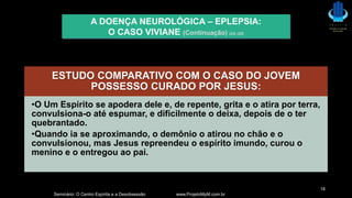 Seminário: O Centro Espírita e a Desobsessão www.ProjetoMpM.com.br
18
A DOENÇA NEUROLÓGICA – EPLEPSIA:
O CASO VIVIANE (Continuação) (24) (25)
ESTUDO COMPARATIVO COM O CASO DO JOVEM
POSSESSO CURADO POR JESUS:
•O Um Espírito se apodera dele e, de repente, grita e o atira por terra,
convulsiona-o até espumar, e dificilmente o deixa, depois de o ter
quebrantado.
•Quando ia se aproximando, o demônio o atirou no chão e o
convulsionou, mas Jesus repreendeu o espírito imundo, curou o
menino e o entregou ao pai.
 